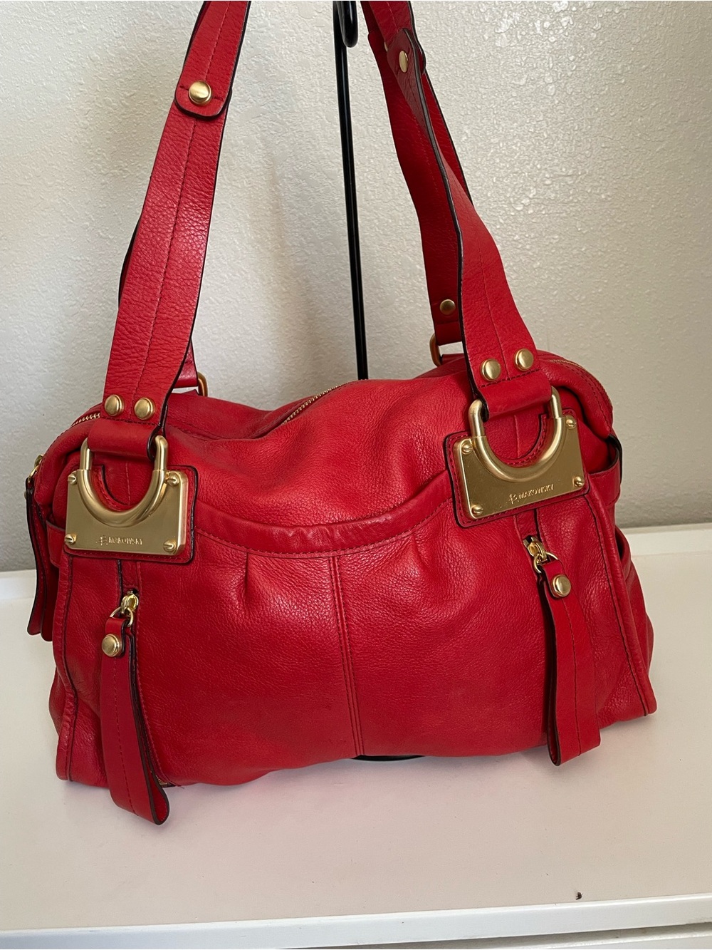 MAKOWSKY Red Leather Shoulder Satchel with Gold Hardware